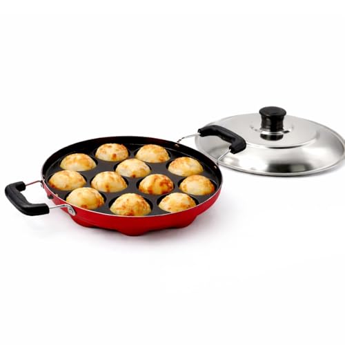 Image 1 of Default Title for the product Generic Non-Stick Paniyaram Pan, Red, 12 Cavity, with Stainless Steel Lid and Tongs