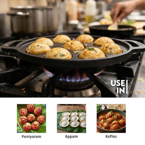 Image 6 of ALLEGIANT COOKWARE Kitchen Pre-Seasoned Cast Iron Appam Pan with 9 Cavity for Appam, Paniyaram, Appe & Paddu Making Use