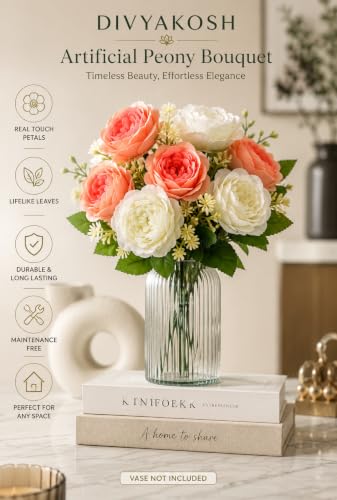 Image 3 of Divyakosh Artificial Flowers for Vase (10 Peonies), Artificial Flowers Bunch (Vase Not Included), Luxury Floral Centerpiece for Living Room Dining Table Office Decor