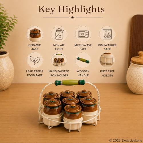 Image 4 of ExclusiveLane Old Martaban Ceramic Pickle Jars with Holder Set of 7, 120 gram, 8.9 cm Mini Jars