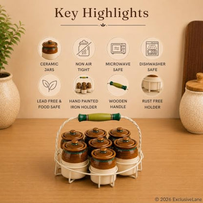 Image 4 of ExclusiveLane Old Martaban Ceramic Pickle Jars with Holder Set of 7, 120 gram, 8.9 cm Mini Jars