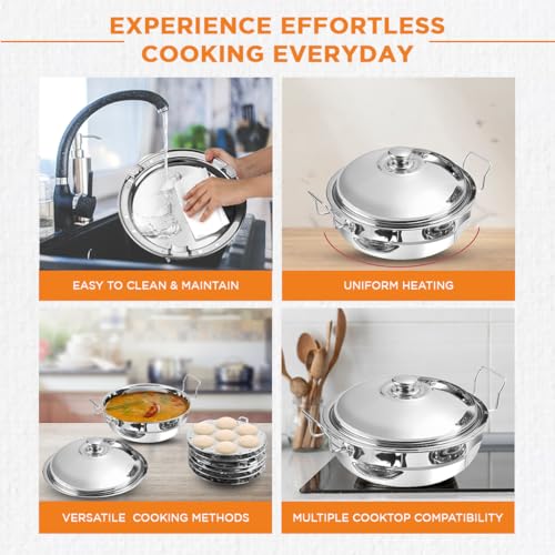 Image 6 of Kraft Stainless Steel Multi Kadai/Idli Maker | 5 L, 28 cm, 6 Plates | 2 Idli, 2 Dhokla, 1 Patra & Mini Idli | Induction & Gas Compatible Momo/Modak Pot | 6 in 1 Multipurpose steamer for cooking