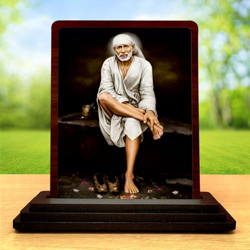Image 2 of 4x5 Inch Sai Baba Wooden Idol with HD Print | Peaceful Aura Desk & Temple Decor