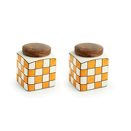 Image 3 of ExclusiveLane Shatranj Check Handpainted Multipurpose Storage Ceramic Jars & Containers with Wooden Lid Set of 2 240 ML