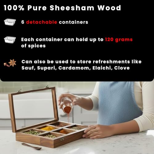 Image 2 of ExclusiveLane Masalas Blends Sheesham Wooden Spice Box with Spoon 6 Large Detachable Containers 120 gram Each