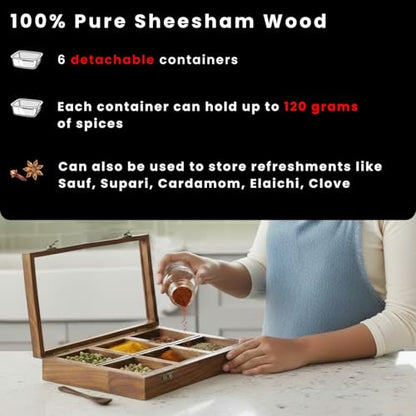 Image 2 of ExclusiveLane Masalas Blends Sheesham Wooden Spice Box with Spoon 6 Large Detachable Containers 120 gram Each