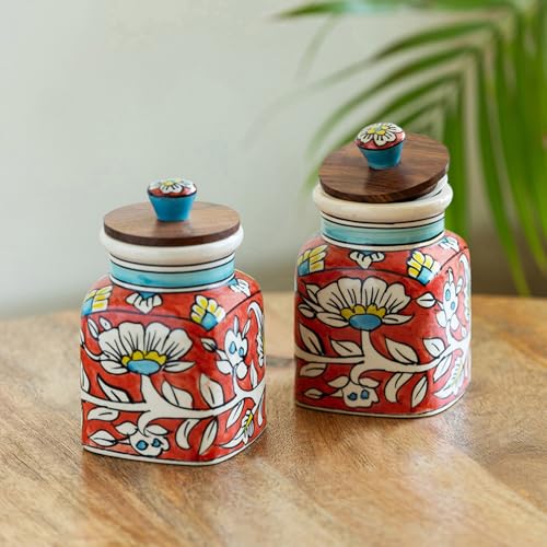 Image 1 of Default Title for the product ExclusiveLane Mughal Classic Multi Utility Storage Ceramic Jars with Wooden Lid Set of 2 410 ml