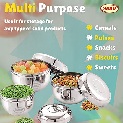 Image 4 of MARU Steel Kitchen Storage Container Set of 3, Apple Shape Stainless Steel Dabba with Lids, Heavy Gauge Mirror Finish, Stackable Food Storage Containers for Kitchen & Fridge, 500ml, 750ml, 1200ml