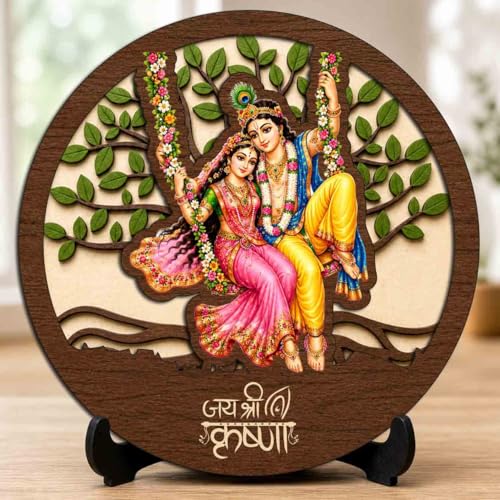 Image 1 of Default Title for the product Radha Krishna Wooden Idol with Stand for Home Temple, Puja Room, Office Desk & Indoor Mandir Decor - 5x5 Inch