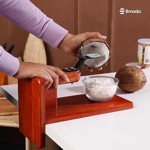 Image 7 of Bmado Traditional Polished Wooden Table-Top Manual Coconut Scraper â€“ Chirava Grater Thengai Thuruvi with Stainless Steel Blade, Comfortable to Use (Weight - 1100 Gram)