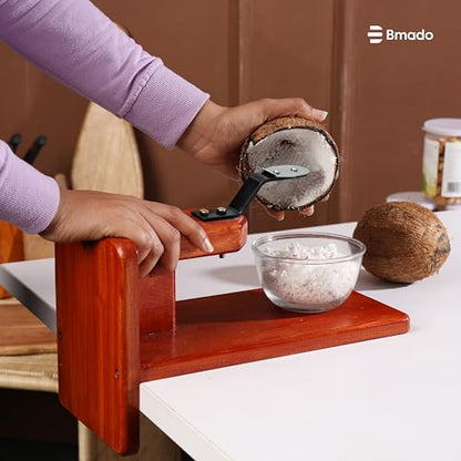 Image 7 of Bmado Traditional Polished Wooden Table-Top Manual Coconut Scraper â€“ Chirava Grater Thengai Thuruvi with Stainless Steel Blade, Comfortable to Use (Weight-1350 Gram)