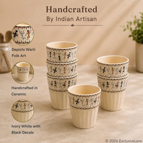 Image 2 of ExclusiveLane Whispers of Warli Handcrafted Ceramic Tea Glass Set of 6 160 ML