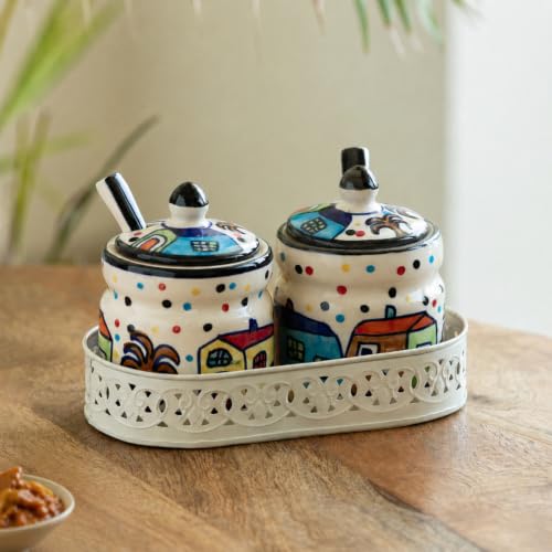 Image 1 of Default Title for the product ExclusiveLane The Hut Ceramic Pickle Jars with Spoons & Iron Tray Set of 2 280 ml