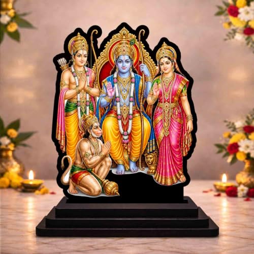 Image 1 of Default Title for the product Ram Darbar Wooden MDF Printed Idol with Stand, 4 x 5 Inch, Pooja Room Decor, Home Temple Mandir Decoration, Religious Gift