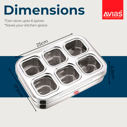 Image 6 of AVIAS 6-in-1 Stainless Steel Masala/Spice Box, See-Through Lid, Design