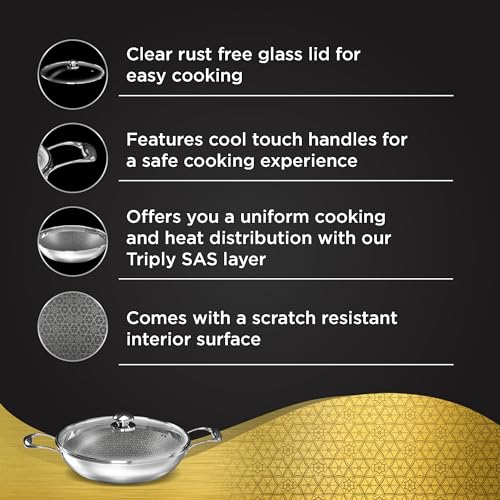 Image 4 of Preethi Diva Collection Triply Stainless Steel Kadai with API Technology, 20 cm, Gas & Induction Compatible, with Glass Lid, Metal Spatula Friendly
