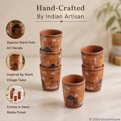 Image 2 of ExclusiveLane Warli Village Tales Handcrafted Ceramic Cutting Chai Glasses Set of 6 Tea Glasses Tea Cups Coffee Mug 100 ML Microwave Safe