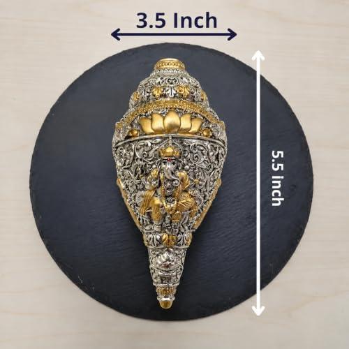 Image 2 of Dev Aastha 999 Silver & Gold Plated Ganesh Shankh Home Decor 8 Inch