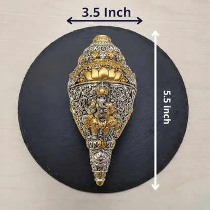 Image 2 of Dev Aastha 999 Silver & Gold Plated Ganesh Shankh Home Decor 8 Inch