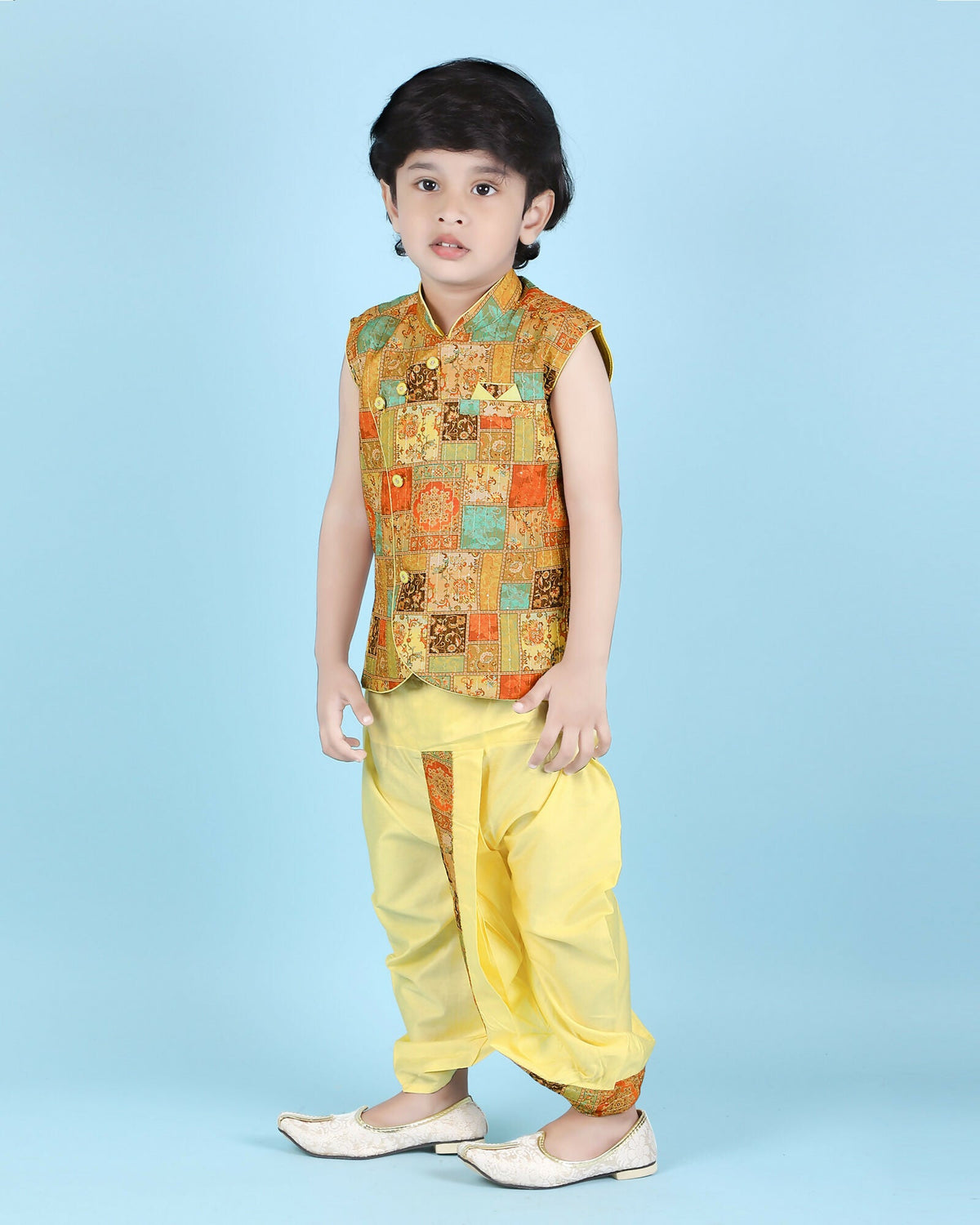 Image 4 of Joban Fashion Kids Island Cotton Sleeveless printed Kurta and Solid Dhoti - Yellow