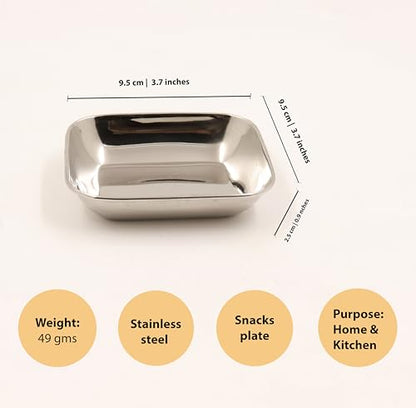 Image 5 of Spillbox Stainless Steel Halwa Plates Quarter Plates Rectangle Snack Plate Dessert Plate Set Side Dish Mirror Finish BPA Free 50gm Pack of 2