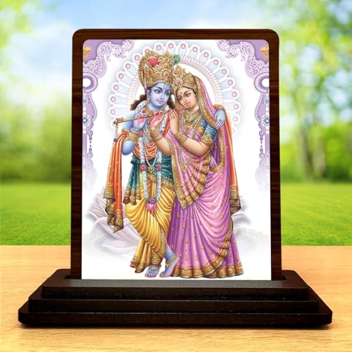 Image 2 of HD Printed Radha Krishna Wooden Idol 4x5 Inch Royal Darshan Spiritual Showpiece