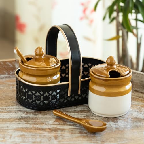 Image 1 of Default Title for the product ExclusiveLane 'Barni Tales' Ceramic Pickle Jars for Dining Table With Spoon & Iron Holder (Set Of 2, Non-Airtight, 270 ml)| Pickle Jar With Spoon Achar Jar Set Achar Container Set for Dining Table|