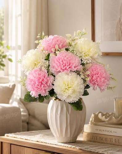 Image 3 of Divyakosh Artificial Flowers Bunch (Vase Not Included), Pink & White Carnation Bouquet - 7 Flower Heads, Artificial Flower for Vase, Flower Bouquet Gift for Living Room,Table Office, Centerpiece