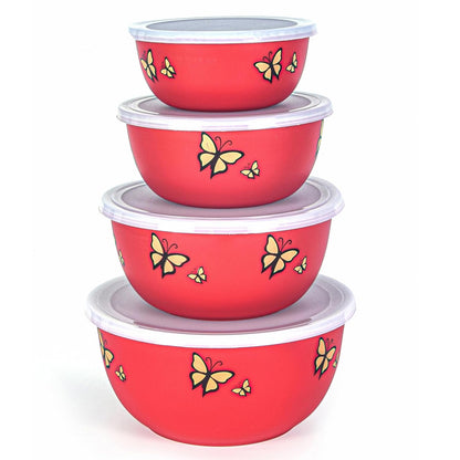Image 1 of Zaib Microwave Safe Stainless Steel Food Storage Container with Lid|500ml, 800ml, 1250ml, 2000 ml | Reheatable (4 Red Butterfly)