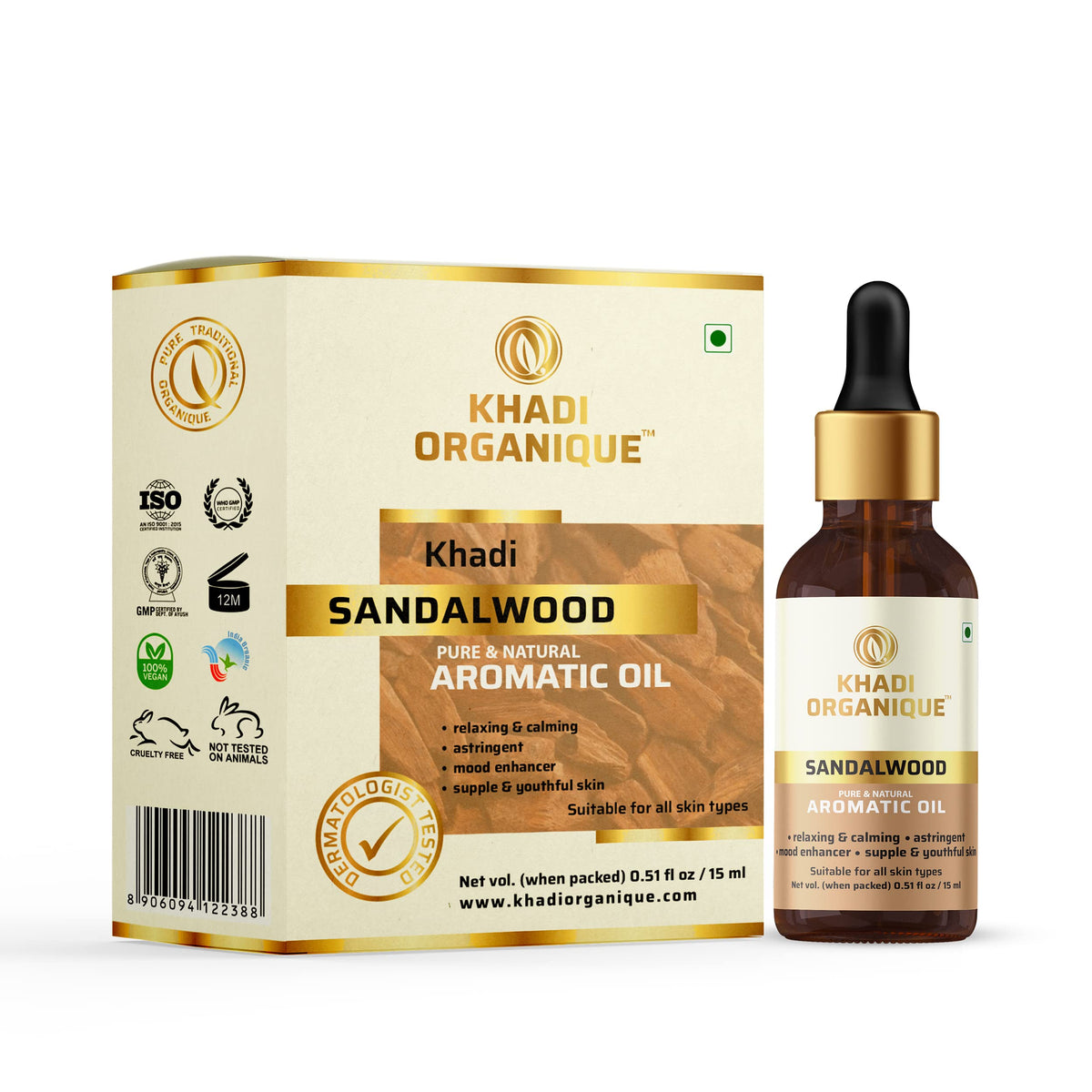 Image 1 of 15 ml for the product Khadi Organique Sandalwood Essential Oil for Skin, Hair & Aromatherapy