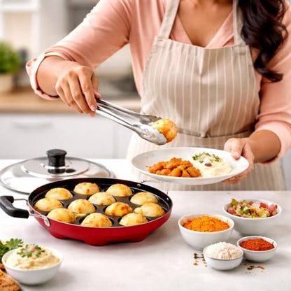 Image 2 of Generic Non-Stick Paniyaram Pan, Red, 12 Cavity, with Stainless Steel Lid and Tongs