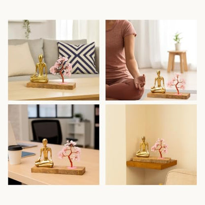 Image 5 of RITUALISTIC Rose Quartz Crystal Tree Gold Meditating Figurine on Wooden Base 22×14.5 cm