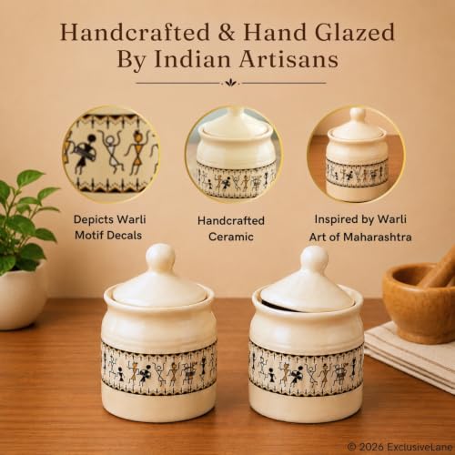 Image 3 of ExclusiveLane Art Of Warli Ceramic Pickle Jars for Dining Table (Set of 2, 280 ml)