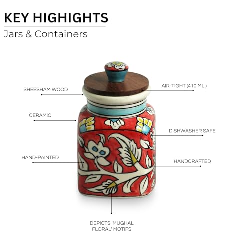 Image 4 of ExclusiveLane Mughal Classic Multi Utility Storage Ceramic Jars with Wooden Lid Set of 2 410 ml