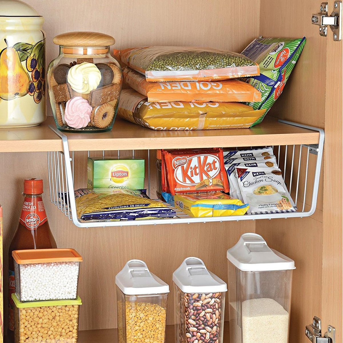 Image 3 of Go Hooked 16 Inch Undershelf Storage Basket Pack of 2 | Multipurpose Under Shelf Organizer | Hanging Wire Basket for Shelf, Cabinet, Pantry, Cupboard, Closet, Desk, and Bathroom (Silver)