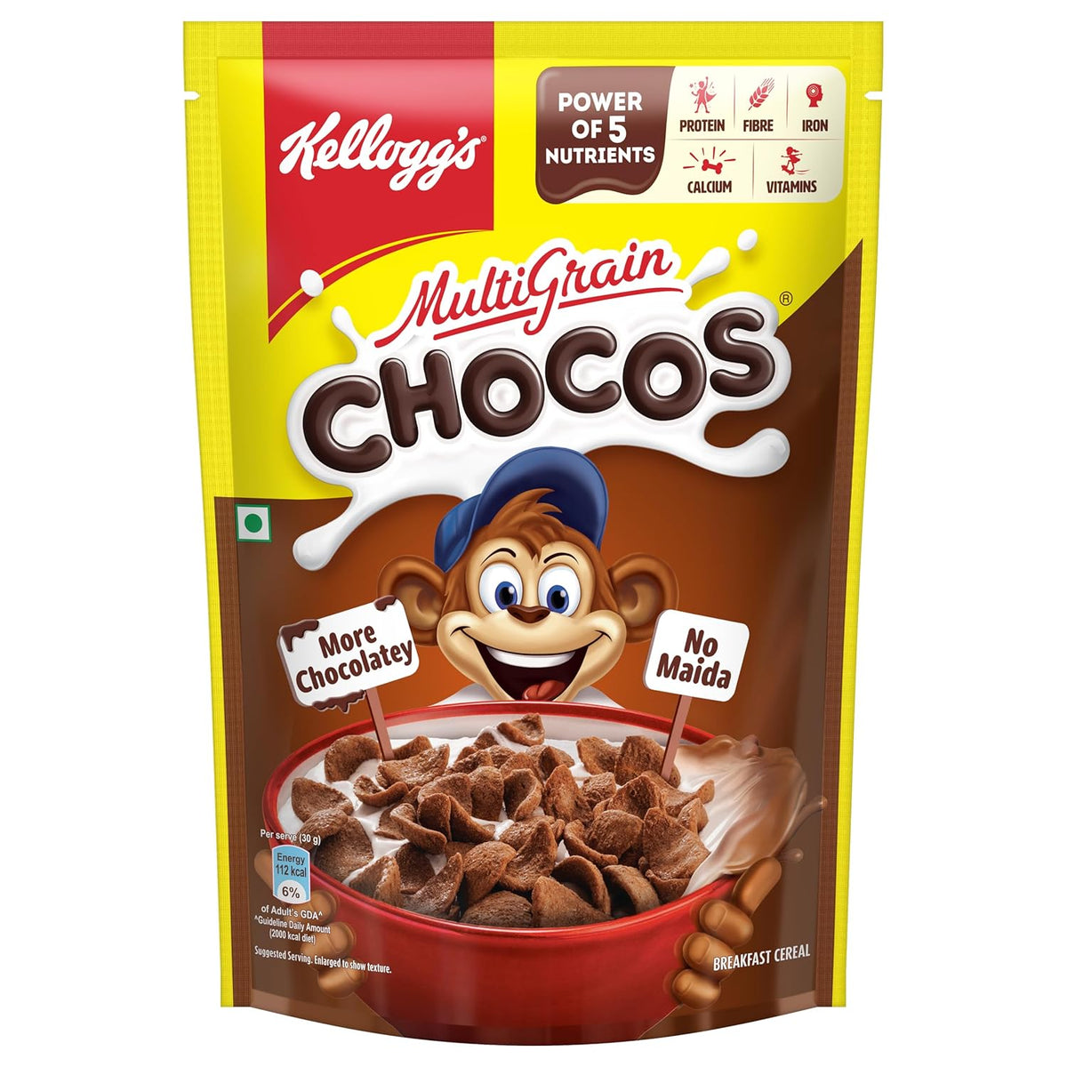 Image 1 of 385 gm for the product Kellogg's Multigrain Chocos For Kids, Power Of 5 Nutrients Protein, Fibre, Iron, Calcium, Vitamins