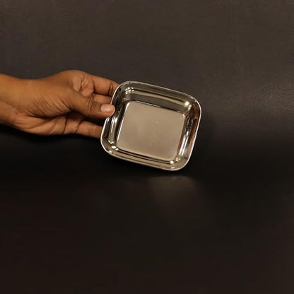 Image 2 of Spillbox Stainless Steel Halwa Plates Quarter Plates Rectangle Snack Plate Dessert Plate Set Side Dish Mirror Finish BPA Free 50gm Pack of 2