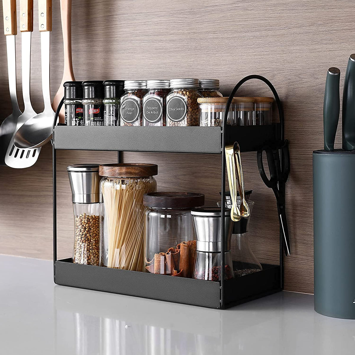 Image 1 of Default Title for the product Go Hooked 2 Tier Kitchen Counter Organizer Rack 33x16.5x32 cm | Freestanding Metal Countertop Spice Rack & Pantry Storage Shelf | Bathroom Vanity Makeup Organizer | Rustproof Powder Coated Iron Black