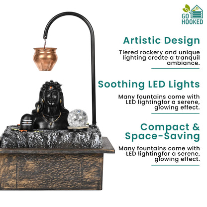 Image 7 of Go Hooked Lord Shiva Tabletop Water Fountain with LED Crystal Ball & Real Copper Kalash Drip 19 Inch | Indoor Polyresin Waterfall for Home Décor, Meditation, Vastu & Gift | Silent Electric Pump
