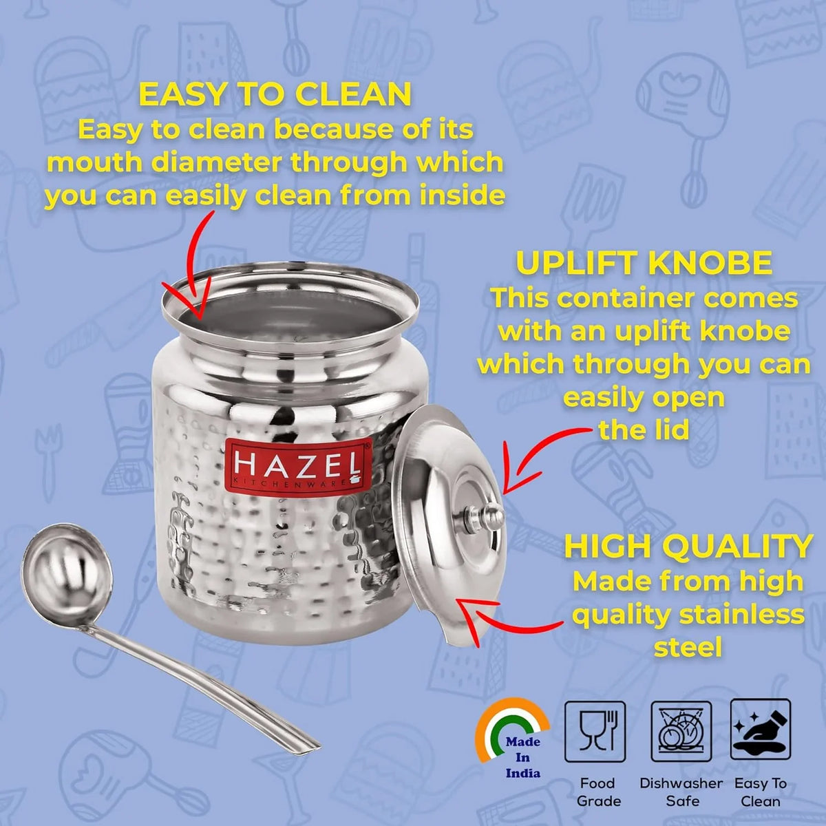 Image 3 of HAZEL Stainless Steel Ghee Container with Spoon | Oil Containers for Kitchen with Lid, 600 ML
