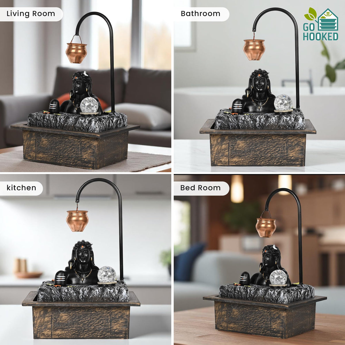 Image 6 of Go Hooked Lord Shiva Tabletop Water Fountain with LED Crystal Ball & Real Copper Kalash Drip 19 Inch | Indoor Polyresin Waterfall for Home Décor, Meditation, Vastu & Gift | Silent Electric Pump