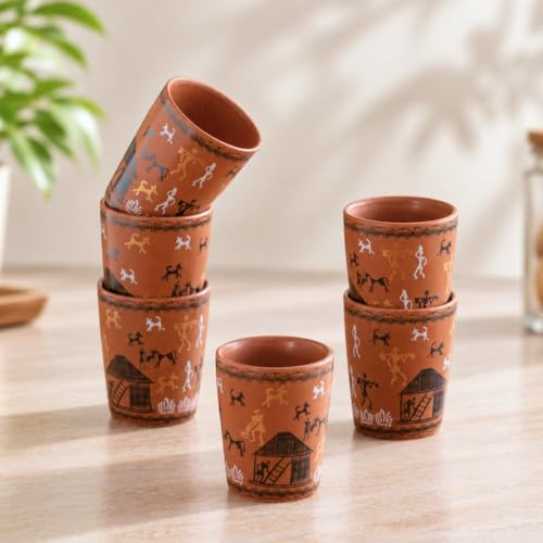 Image 1 of Default Title for the product ExclusiveLane Warli Village Tales Handcrafted Ceramic Cutting Chai Glasses Set of 6 Tea Glasses Tea Cups Coffee Mug 100 ML Microwave Safe