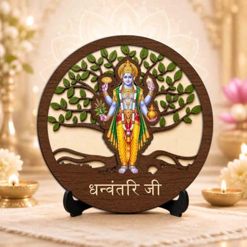 Image 2 of Dhanvantari Ji Wooden Idol with Stand for Home Temple, Puja Room, Office Desk & Indoor Mandir Decor - 5x5 Inch