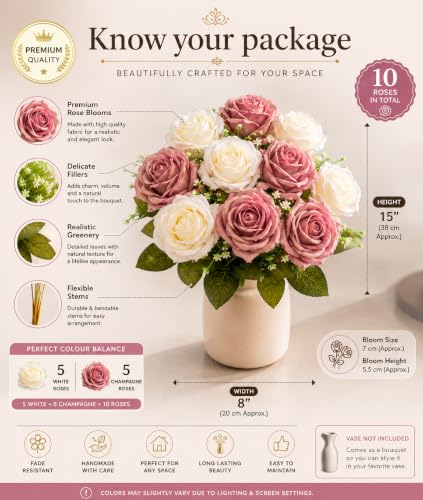 Image 2 of Divyakosh Artificial Rose Flower Bouquet, 10 Roses (5 Dusty Mauve & 5 Ivory White) with Green Leave, Faux Floral Arrangement for Living Room, Bedroom, Office, Wedding & Home Decor (Vase Not Included)