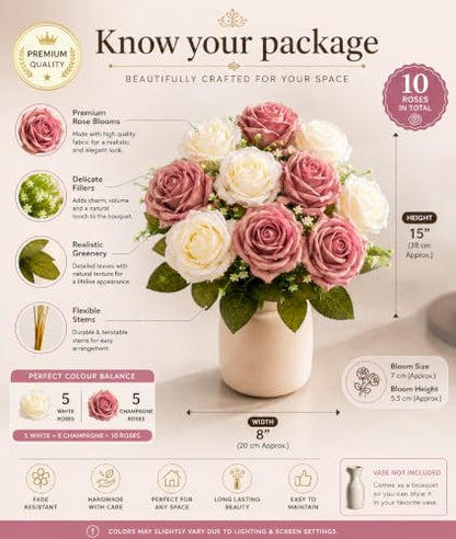 Image 2 of Divyakosh Artificial Rose Flower Bouquet, 10 Roses (5 Dusty Mauve & 5 Ivory White) with Green Leave, Faux Floral Arrangement for Living Room, Bedroom, Office, Wedding & Home Decor (Vase Not Included)