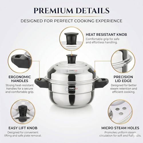 Image 3 of Eurostyle Premium Stainless Steel Idli, Idiyappam & Dhokla Steamer - ISI Mark Certified - (2Idli plates(6 idlis)  Steamer) for Flawless Fluffy Idlis - 1.5L capacity - 3Years warranty (Stainless Steel) - Royal 6 Deluxe