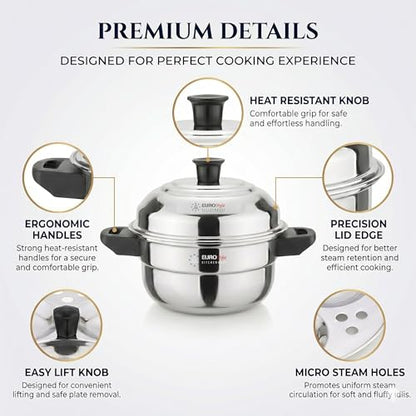 Image 3 of Eurostyle Premium Stainless Steel Idli, Idiyappam & Dhokla Steamer - ISI Mark Certified - (2Idli plates(6 idlis)  Steamer) for Flawless Fluffy Idlis - 1.5L capacity - 3Years warranty (Stainless Steel) - Royal 6 Deluxe