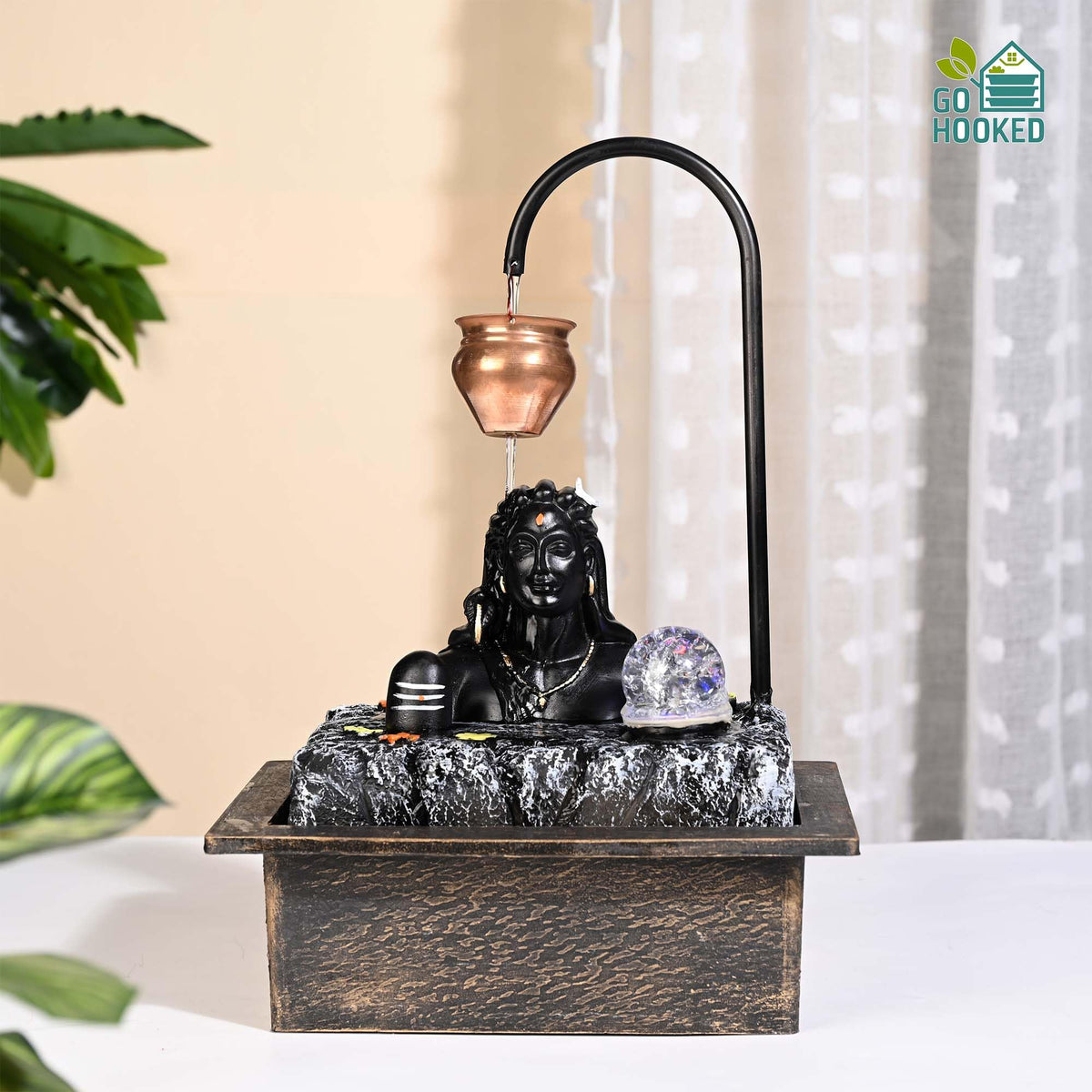 Image 4 of Go Hooked Lord Shiva Tabletop Water Fountain with LED Crystal Ball & Real Copper Kalash Drip 19 Inch | Indoor Polyresin Waterfall for Home Décor, Meditation, Vastu & Gift | Silent Electric Pump
