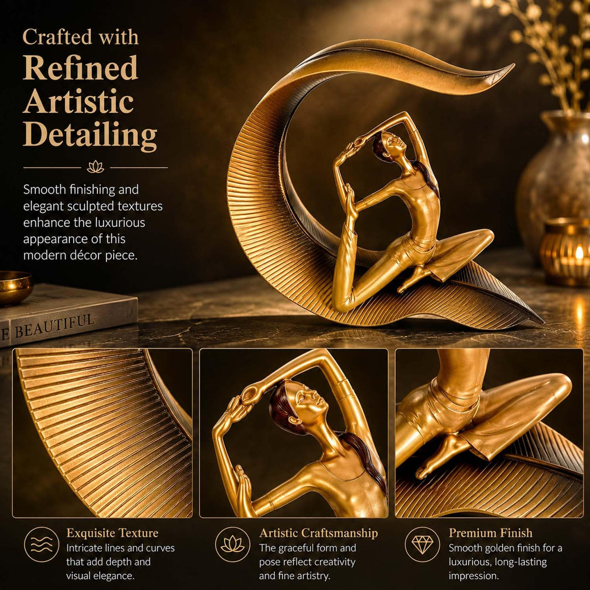 Image 2 of Go Hooked Yoga Lady Statue Polyresin Meditating Woman Figurine for Home & Office Décor 22Cm | Elegant Yoga Showpiece | Zen Décor | Namaste Meditation Idol | Decorative Woman Statue (Gold)