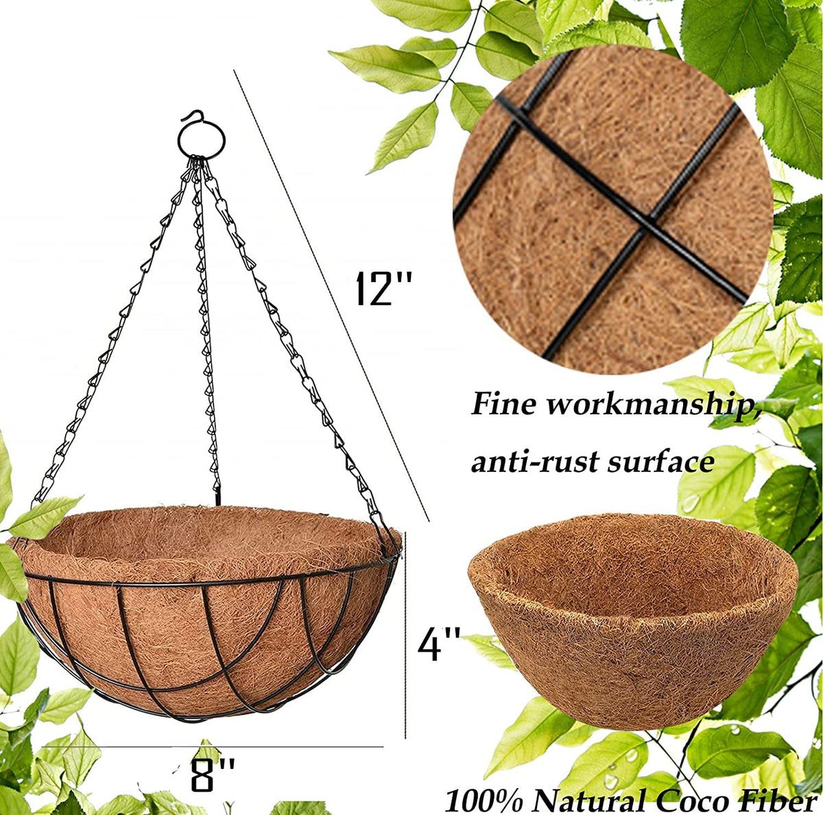 Image 3 of Go Hooked 8" Coir Hanging Basket/Coco Gardening Liner with Hanging Pots and Metal Hanging Chain/Hanging Planters- Set of 3 (Brown)